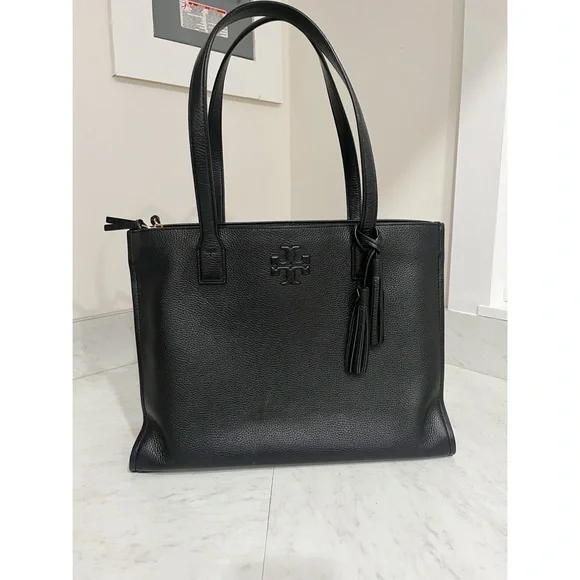 Tory Burch Thea Pebbled Black Leather Tote Bag - Picture 1 of 13